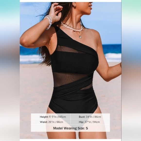 CUPSHE One Piece Tummy Control Ruched Asymmetric Neck Shoulder Strap. Size S - Picture 2 of 7